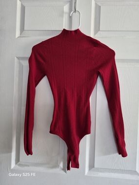 (S)Red Ribbed Mock Neck Bodysuit - Women Tops